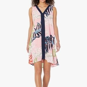 Caribbean Joe Womens Bahama Vacation Floral Dress Y Yoke Neck Medium NWT New